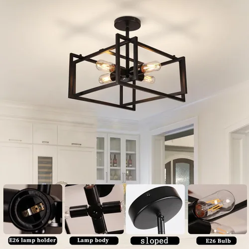 Vista 5 de HuisMier 4-Lights Semi Flush Mount Ceiling Light, Black Industrial Close to Ceiling Lighting Fixtures, Farmhouse Metal Chandelier Ceiling Lamp for