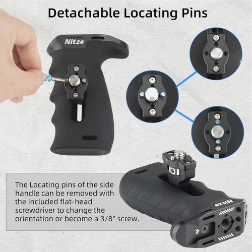 Vista 6 de Nitze Mango lateral ergonómico con tornillo de 3/8 pulgadas y pasadores de localización desmontables para ARRI, arriba/abajo e izquierda/derecha