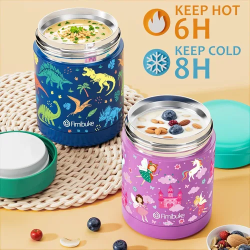 Vista 5 de Fimibuke Lonchera Bento de 32 onzas para niños con termo de 12 onzas, bolsa de almuerzo aislada y bolsa de hielo, contenedor de comida de 3