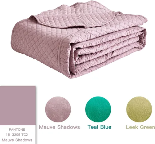 Vista 4 de HZ & HY Colcha tamaño King extragrande, juego de ropa de cama ultrasónica, edredón ligero y delgado, reversible, 5 piezas, 100% microfibra, Mauve