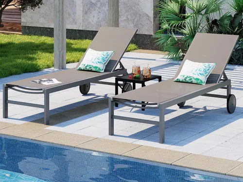 Vista 15 de SUNLEI Juego de 2 tumbonas para patio al aire libre, sillas de piscina ajustables con ruedas, sillas de bronceado reclinables de aluminio para Gris