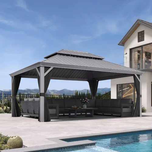 Vista 33 de PURPLE LEAF - Glorieta de 10 x 12 pies con techo rígido de aluminio, techo doble de metal resistente, pabellón permanente para patio, terraza