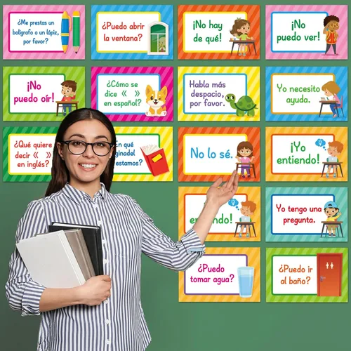 Vista 5 de Juego de 16 pósteres en español con frases en español, decoraciones para el aula, póster de aprendizaje con temática española, materiales de estudio