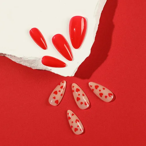 Vista 4 de 24 piezas de uñas postizas medianas con forma de almendra, uñas postizas de cobertura completa con diseño de corazones pequeños, uñas acrílicas