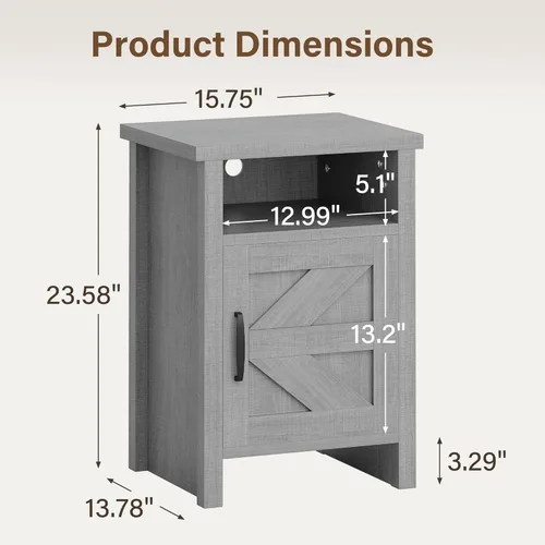 Vista 7 de JUMMICO Mesita de noche de estilo granja, mesa de noche moderna con puerta de granero y estante, mesa auxiliar rústica para dormitorio, sala de Gris