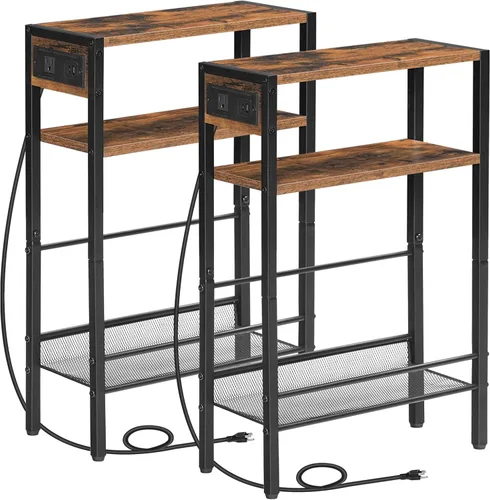 Vista 10 de HOOBRO Mesa auxiliar pequeña y estrecha con estación de carga, mesa auxiliar delgada para espacios pequeños, mesita de noche delgada con puertos USB