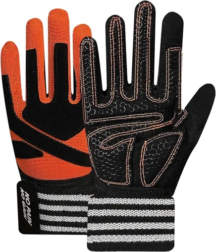 Vista 8 de FINGER TEN Guantes de entrenamiento de levantamiento de pesas, medio dedo completo con soporte para correa de muñeca, agarre acolchado