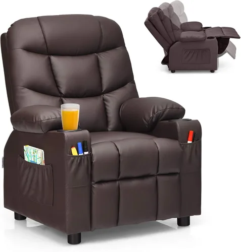 Costzon Silla reclinable para niños con soporte para tazas, silla de salón de cuero ajustable con reposapiés y bolsillos laterales para habitación