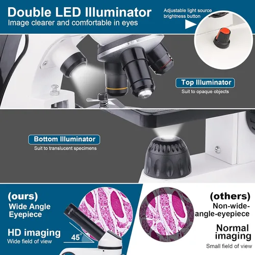 Vista 4 de BEBANG - Microscopio monocular para adultos y estudiantes, aumento de 40X-2000X, microscopios duales LED para principiantes y niños con kits