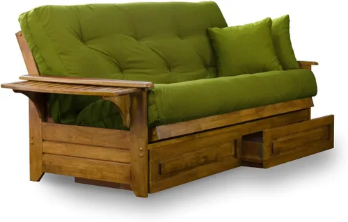 Vista 7 de Brentwood Futón de madera con charola abatible en el apoyabrazos y cajoneras de almacenamiento - Acabado heritage, Madera, Marrón