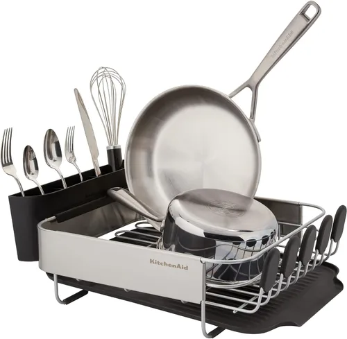 Vista 2 de KitchenAid Escurridor de platos compacto, que ahorra espacio, resistente al óxido con organizador de cubiertos extraíble y bandeja de escurrido Negro