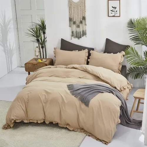 Vista 337 de CLOTHKNOW Juego de edredón de 3 piezas a cuadros color beige óxido, tamaño Full, juego de ropa de cama de cuadros edredón terracota con 2 fundas