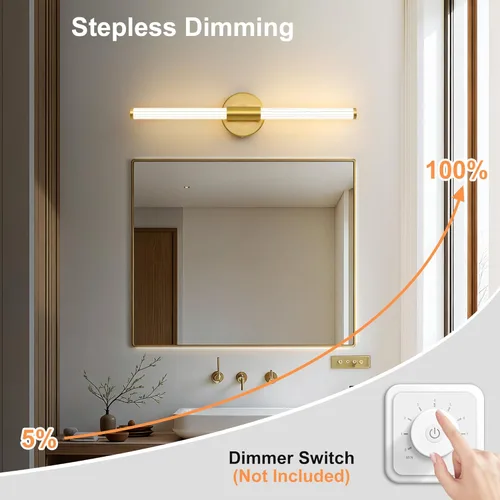 Vista 2 de Lámparas LED de baño, luces doradas para baño, iluminación completa de 360°, regulable, barra de luz LED de 24 pulgadas sobre espejo, aplique
