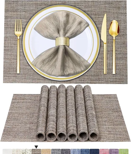 Vista 10 de BETEAM Juego de 4 manteles individuales de vinilo tejido para mesa de comedor, lavables, lavables, manteles individuales de cocina, duraderos