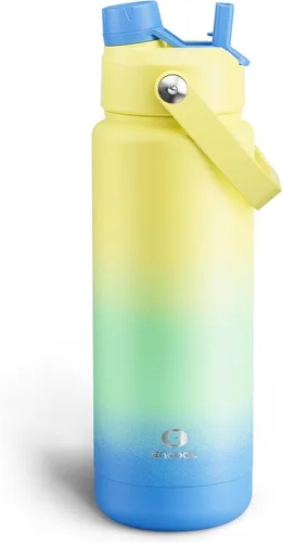 Vista 110 de Botella de agua aislada con popote para niños, botella de agua de acero inoxidable de 12 onzas con boquilla doble, a prueba de fugas, sin BPA, al