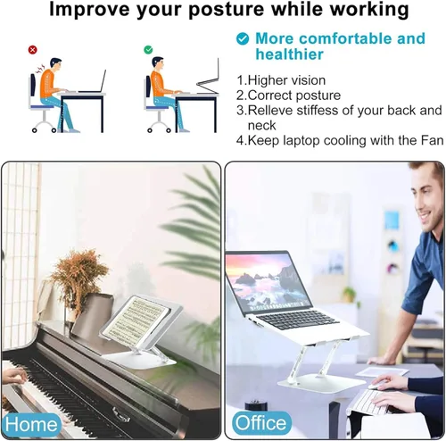 Vista 2 de Adjustable Laptop Stand with Cooling Fan, Aluminium Alloy Multi-Angle Computer Holder for Desk, Portable Notebook Metal Mount Compatible with