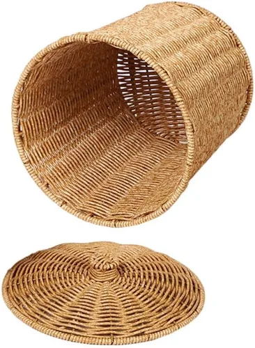 Vista 5 de Cesta de basura tejida de ratán con tapa, cesta redonda tejida para lavandería, cesta de basura bohemia, contenedor de ropa de plástico
