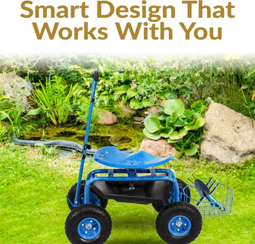 Vista 5 de Sunnydaze Rolling Garden Cart with Swivel Seat, Handle, and Basket