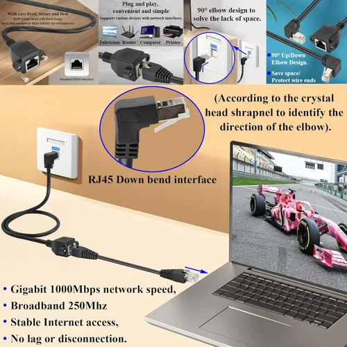 Vista 5 de Cable de extensión de red LAN RJ45 en ángulo descendente de 90° Cat6 RJ45 de 90 grados macho a hembra blindado para red Ethernet Cable de extensión