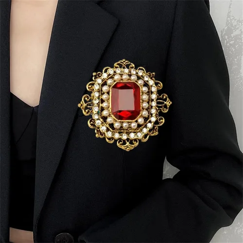 Vista 4 de Broche de perlas de diamantes de imitación vintage, tono dorado, vintage, barroco, rectangular, de cristal, perla, estilo victoriano, bohemio