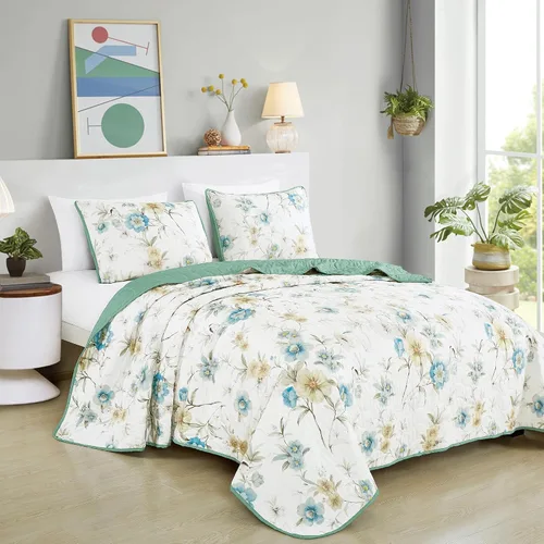 Vista 20 de ESCA - Juego de colcha de 3 piezas, tamaño Queen, con estampado de girasoles amarillos reversible, floral negro y verde