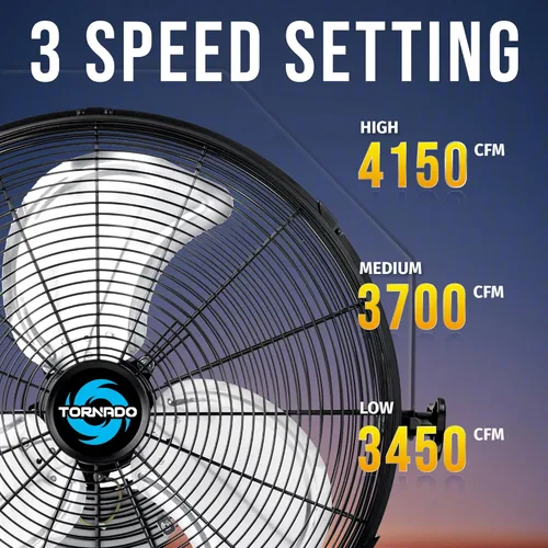 Vista 3 de Tornado - Ventilador de pared industrial de 18" de alta velocidad con motor cerrado TEAO – 4000 CFM, 3 configuraciones de velocidad, cable de 6.5