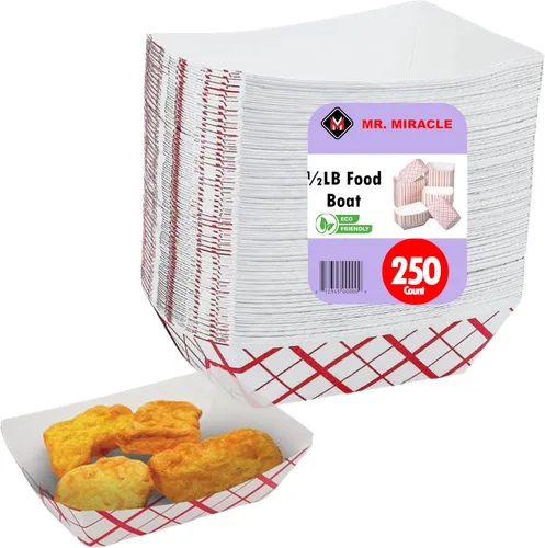 Vista 10 de Mr Miracle Bandejas de papel para alimentos, papel a cuadros rojo y blanco. Extra pequeñas (1/2 lb). Paquete de 100, botes desechables