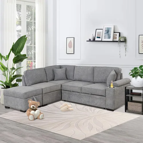 Sofá cama extraíble 2 en 1, sofá cama en forma de L, sofá seccional con otomana de almacenamiento, portavasos y carga USB para sala de estar (gris)
