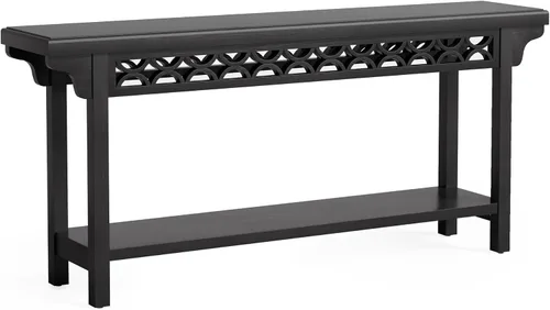 Vista 9 de LITTLE TREE Consola de 70.87 pulgadas de largo, mesa de entrada estrecha de madera maciza con estante, mesa de sofá rústica para sala de estar, Negro