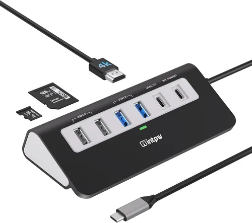 P9 USB C Hub, INTPW 9-en-1 Adaptador USB Multipuerto con HDMI 4K, PD 100W, USB-C y 2 USB A 3.0 5Gbps, 2 USB A 2.0, Lector de Tarjetas SD/TF, Hub USB