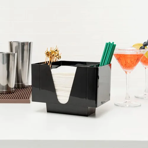 Vista 4 de Restaurantware Bar Lux - Servilletero rectangular de plástico negro de 7.9 x 5.5 pulgadas, 1 organizador de 3 compartimentos, de plástico negro