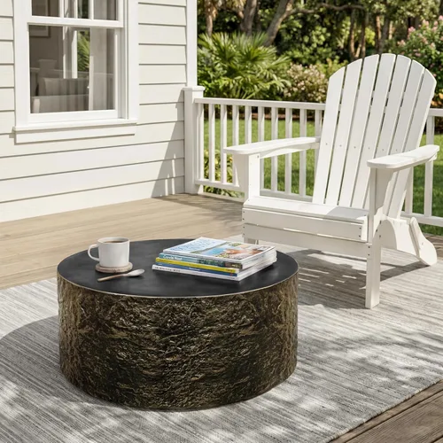 Vista 5 de UPHA Mesa auxiliar redonda de 28 pulgadas para exteriores, moderna mesa de patio de hormigón hueco, pequeña mesa minimalista baja para sala de Bronce