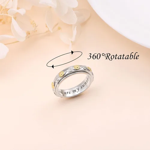 Vista 4 de Ladytree Anillo giratorio de plata de ley con diseño de girasol You Are My Sunshine, anillo para aliviar el estrés, anillo de compromiso, boda