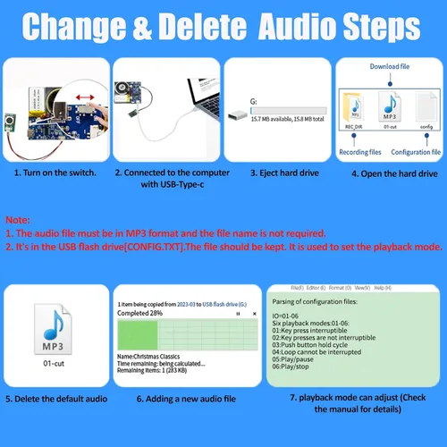 Vista 4 de Módulo XLW - Módulo de sonido activado por botón de 16MB con altavoz, cable tipo C y capacidad de grabación fácil de 16 minutos para saludos
