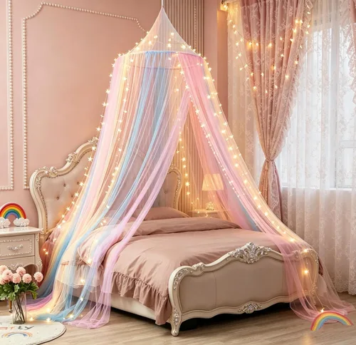 Vista 4 de Mosquitera Toldo de Cama para Niñas, Cortinas de Cama King con Dosel Tamaño Full Queen desde el Techo, Tienda de Cama de Mosquitera de Cúpula Twin