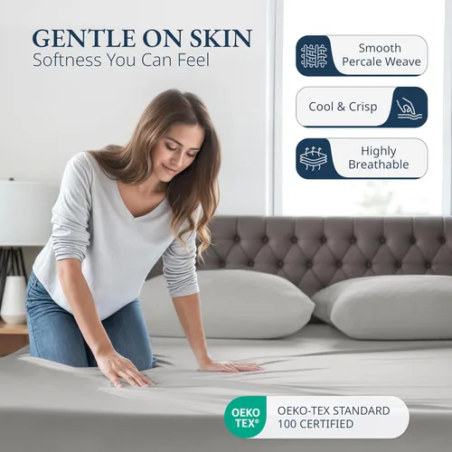 Vista 3 de LANE LINEN - Sábana bajera 100% de algodón orgánico, tamaño Queen, 2 fundas de almohada, tejido percal suave, transpirable, apta para colchones