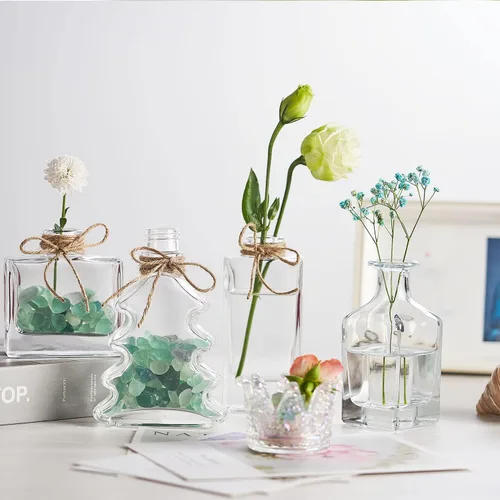 Vista 5 de Juego de 10 jarrones de cristal, mini jarrones de flores, pequeños jarrones para centros de mesa, jarrón vintage transparente a granel