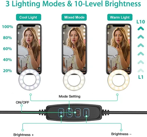 Vista 3 de Aro de luz NexiGo de 3.5 pulgadas, doble, para selfie luz con teléfono móvil y soporte de cámara web, 3 modos de luz, 10 niveles de brillo, luz LED
