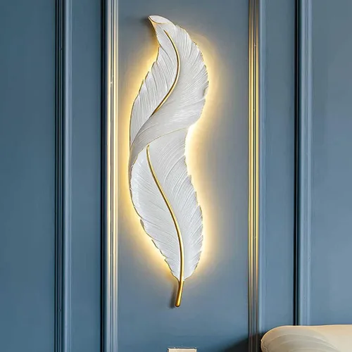 Vista 6 de Lámpara de pared moderna para dormitorio, lámpara de pared LED con diseño de plumas blancas elegante, luz de cuento de hadas, luces de pared de lujo