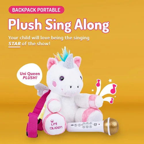 Vista 2 de Singing Machine Máquina de karaoke portátil para niños, mochila de juguete de peluche con micrófono, The Sing Along Crew, Uni Queen (blanco y rosa)