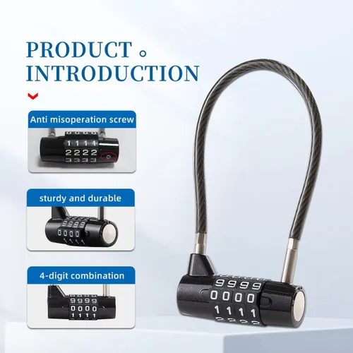 Vista 5 de Candado de combinación con cable de 4 dígitos y cable duradero de 3.5" ideal para casilleros, gimnasio, puerta, valla, caja de herramientas, funda