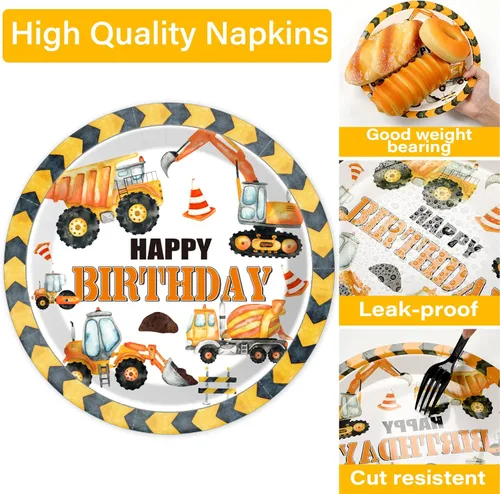 Vista 4 de 100 piezas de platos y servilletas de fiesta de cumpleaños de construcción, suministros de decoración de fiesta de cumpleaños con camión volquete