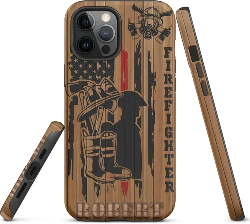 Vista 15 de Funda de teléfono personalizada con bandera estadounidense de madera, diseño de bombero de línea roja, diseño de bombero, regalo personalizado