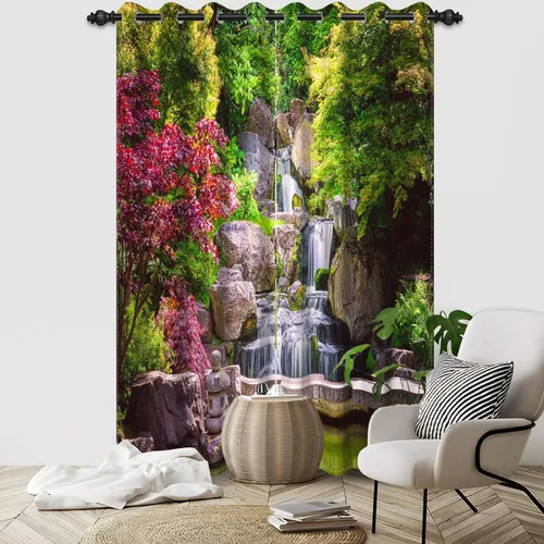 Vista 74 de Cortinas opacas para ventana con vista de cascada, día soleado, amanecer, primavera, paisaje natural, cortinas de ventana con aislamiento térmico