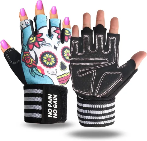 Vista 8 de Guantes de levantamiento de pesas para mujer, entrenamiento de gimnasio con soporte de muñeca, guantes acolchados de medio dedo para ejercicio