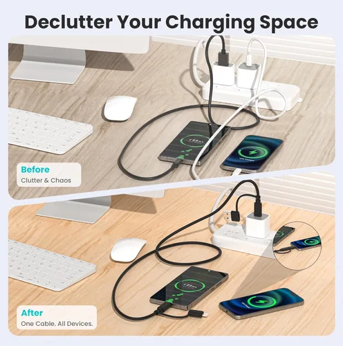 Vista 5 de Elebase Cable de carga 4 en 1 de 3.3 pies, cable de carga múltiple, cable de carga múltiple para iPhone con adaptador USB/Lightning para Apple 17 16