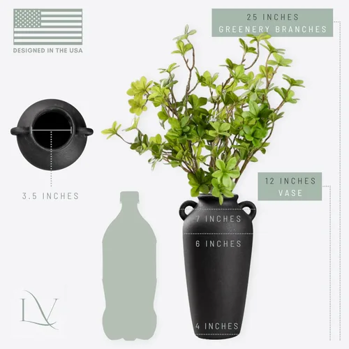 Vista 2 de Jarrón de cerámica negra de 12 pulgadas de alto, con 5 ramas de 25 pulgadas, juego de tallos artificiales artificiales vibrantes de vegetación