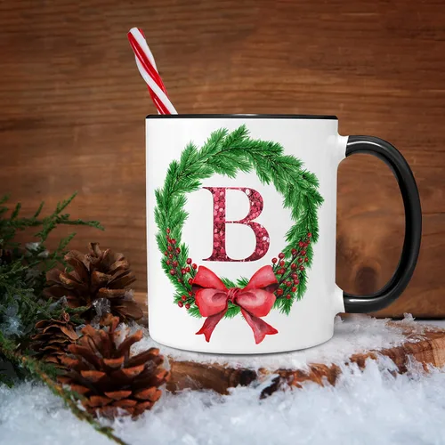 Vista 5 de Personalized Christmas Wreath Initial Ceramic Coffee Mug, 11 or 15 oz