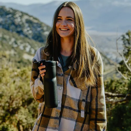 Vista 8 de BOTTLE BOTTLE Botella de agua aislada de 24 onzas con asa y tapas abatibles, botella de agua de acero inoxidable, tapa de botón, a prueba de fugas