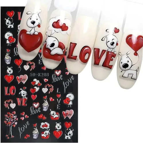 Calcomanías de arte de uñas para el día de San Valentín, calcomanías de uñas de corazón lindo perro, oso, flor, corazón, amor, San Valentín, diseño